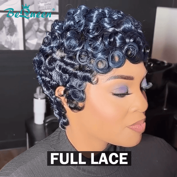 BeQueen Wig FULL LACE WIG Bequeen Curly dark blue Pixie Cut Full Lace Wig