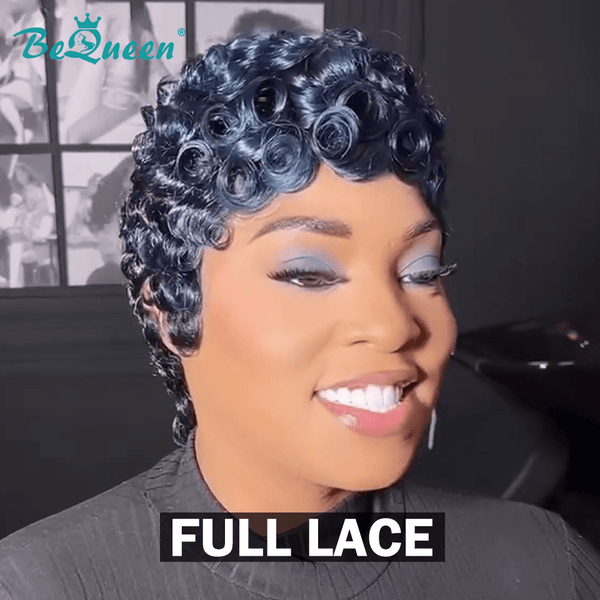 BeQueen Wig FULL LACE WIG Bequeen Curly dark blue Pixie Cut Full Lace Wig