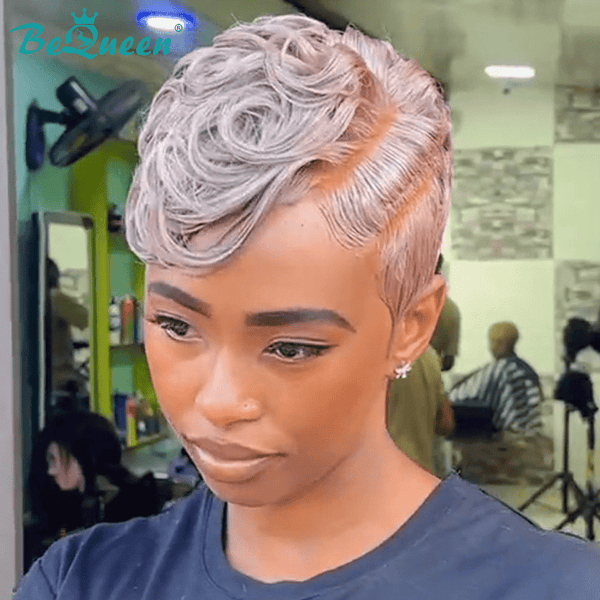 BeQueen Wig PIXIE WIGS Bequeen Side Part Grey Curl Pixie Wig