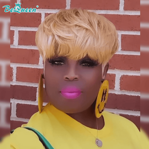 BeQueenWig PIXIE WIGS Bequeen Machine Made Honey Blonde Short Cut With Full Bang Wig