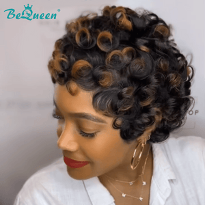 BeQueenWig PIXIE WIGS Bequeen Sexy Curly Wave Brown Highlight Machine Made Wig