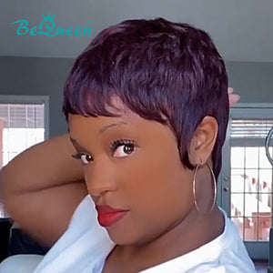 overseas PIXIE WIGS Bequeen Dark Burgundy Pixie Cut Machine Made Wig