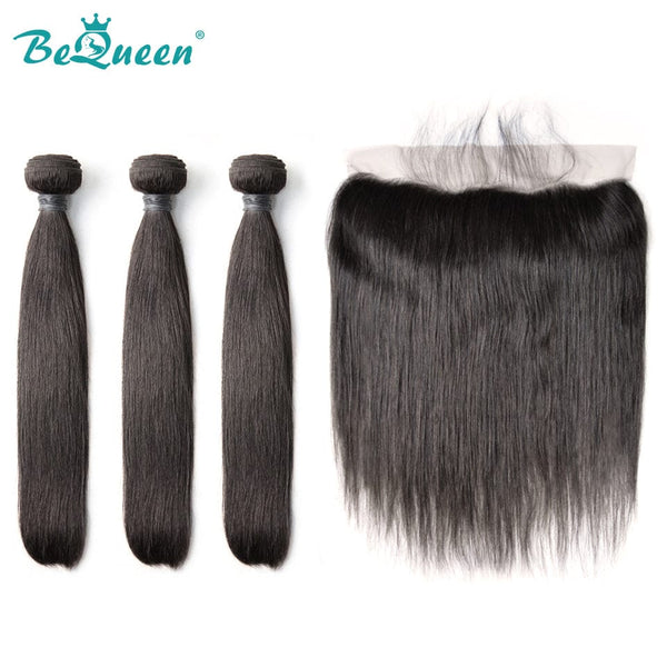 BeQueenWig Bundles With Frontal BEQUEEN 3Pcs with 13x4 Frontal Straight Best Virgin Human Hair Bundles