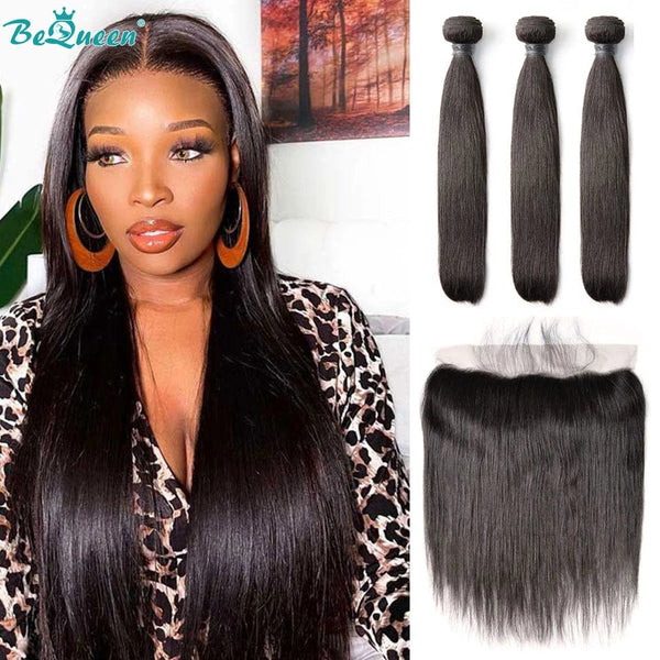 BeQueenWig Bundles With Frontal BEQUEEN 3Pcs with 13x4 Frontal Straight Best Virgin Human Hair Bundles