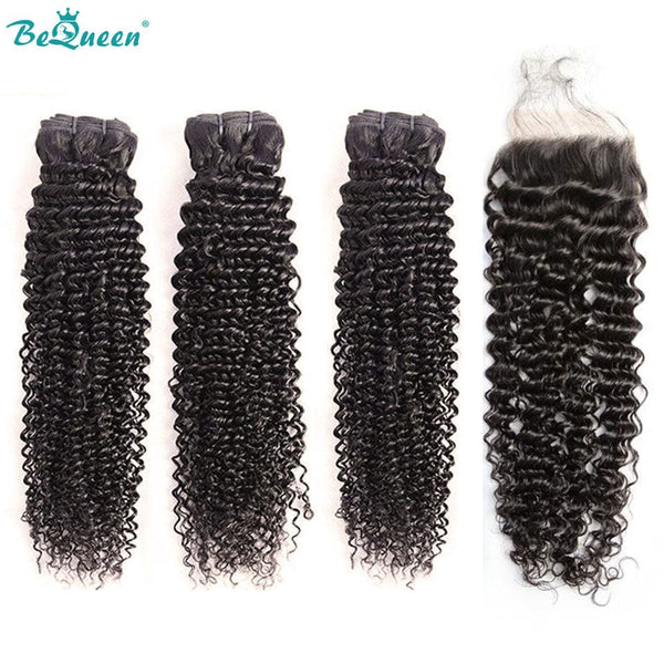 BeQueenWig BEQUEEN 3Pcs with Closure Curly Best Virgin Human Hair Bundles