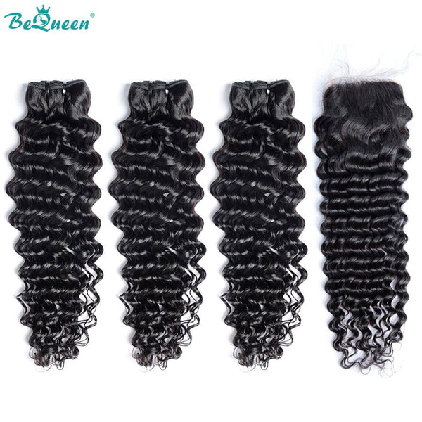 BeQueenWig BEQUEEN 3Pcs with Closure Deep Wavy Best Virgin Human Hair Bundles