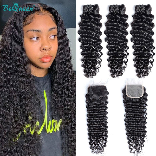 BeQueenWig BEQUEEN 3Pcs with Closure Deep Wavy Best Virgin Human Hair Bundles