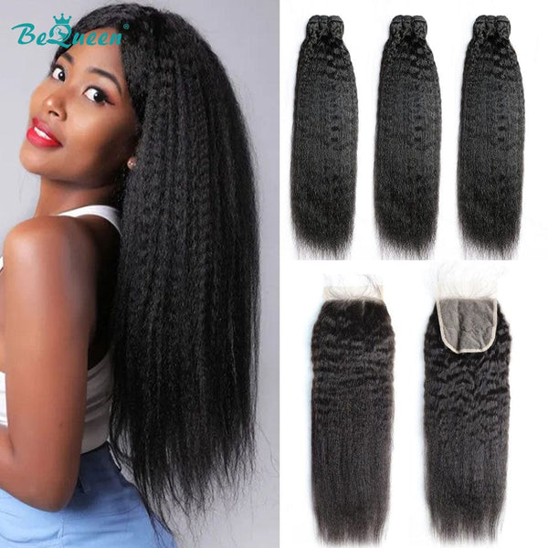 BeQueenWig BEQUEEN 3Pcs with Closure Kinky Straight Best Virgin Human Hair Bundles