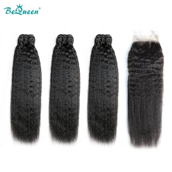 BeQueenWig BEQUEEN 3Pcs with Closure Kinky Straight Best Virgin Human Hair Bundles