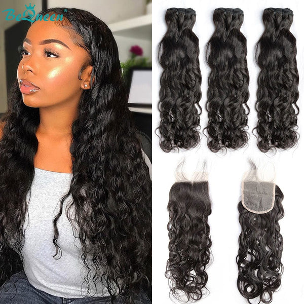 BeQueenWig BEQUEEN 3Pcs with Closure Water Wave Best Virgin Human Hair Bundles