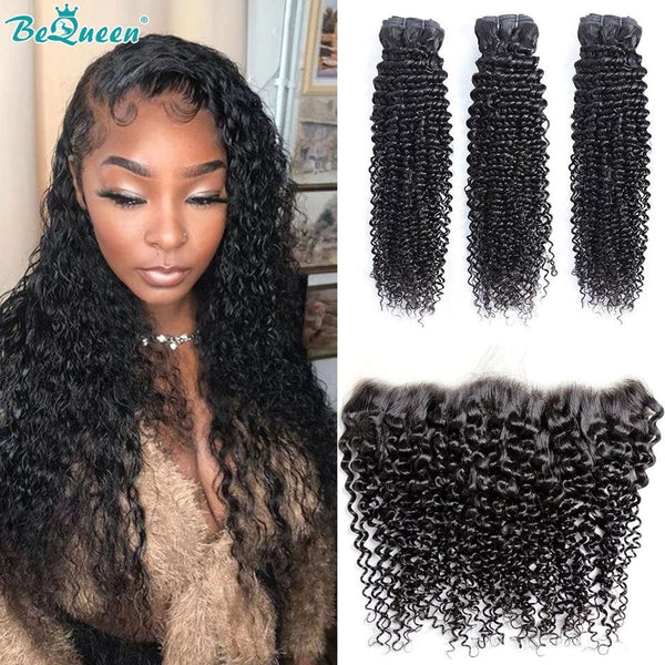 BeQueenWig Bundles With Frontal BEQUEEN 3Pcs with Frontal Curly Best Virgin Human Hair Bundles