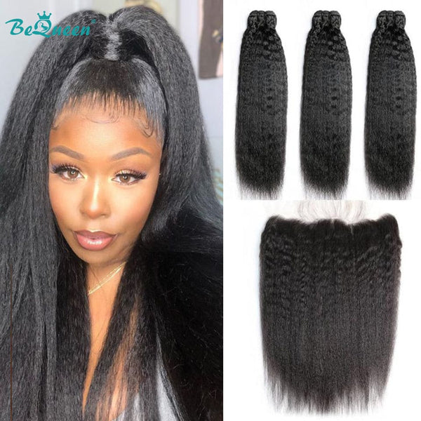 BeQueenWig Bundles With Frontal BEQUEEN 3Pcs with Frontal Kinky Straight Best Virgin Human Hair Bundles