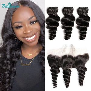 BeQueenWig Bundles With Frontal BEQUEEN 3Pcs with Frontal Loose Wave Best Virgin Human Hair Bundles