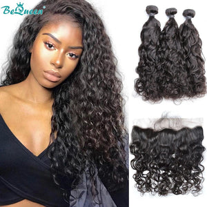 BeQueenWig Bundles With Frontal BEQUEEN 3Pcs with Frontal Water Wave Best Virgin Human Hair Bundles